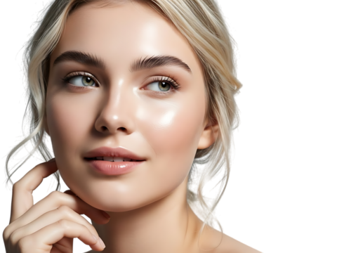 Beautiful young woman with blonde hair and blue eyes looking away - Powered by Adobe