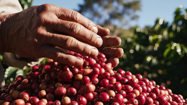 Coffee Bean Harvest in Brazil - A close-up shot of a farmer's hands sorting through freshly harvested coffee beans in Brazil. The bright red beans are piled high, and the farmer is inspecting them.