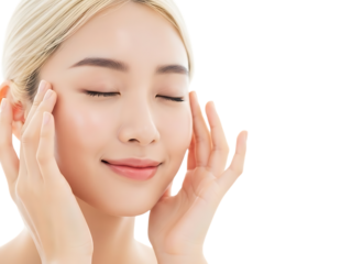 Young woman with eyes closed gently touching her face with her fingers