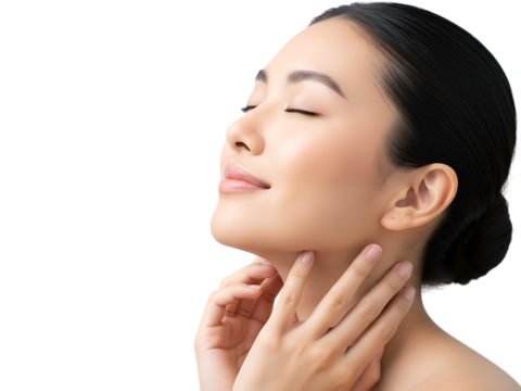 Young woman with eyes closed touching her neck with a serene expression - Powered by Adobe