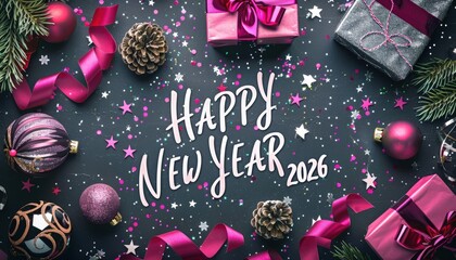 Festive overhead view captures celebratory items marking the arrival of the year twenty twenty six