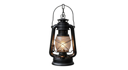 Vintage black kerosene oil lantern with lit wick isolated on transparent background