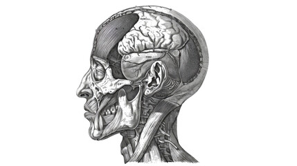 Vintage Anatomical Illustration of Human Head and Brain Cross-Section