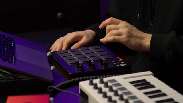 Person using a drum pad machine controller and laptop in a music studio, hands actively creating beats, composing electronic music, and producing sound with modern technology, close up shot