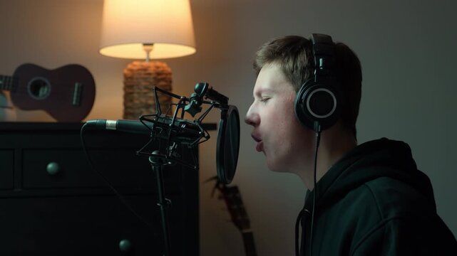 Young man recording at home studio, passionately singing into a professional microphone and wearing headphones, creating new music tracks, songs and melodies, with ukelele lute in the background