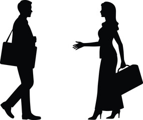 Silhouettes of business man and woman meeting and greeting, professional communication, partnership, conversation and corporate interaction concept