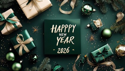 Festive arrangement of gifts, ornaments, and evergreen branches celebrates the upcoming year