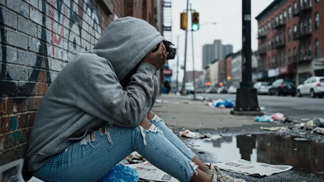 Despondent Woman on Urban Street - A young woman wearing a hooded sweatshirt and ripped jeans sits dejectedly on a dirty, litter-strewn city street.