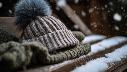Knitted winter accessories rest upon snow dusted wooden surface during snowfall