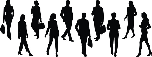 Silhouettes of business people walking and commuting, representing corporate professionals, office workers, teamwork, leadership, communication and modern workplace lifestyle