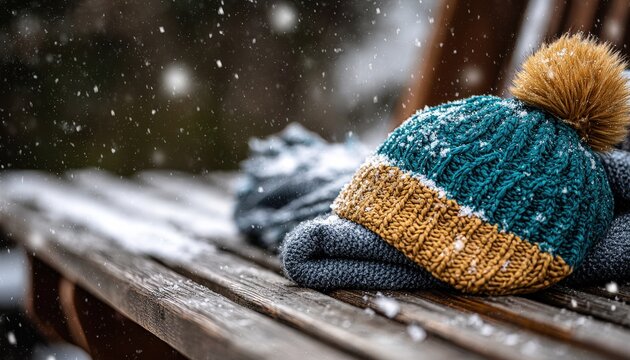 Warm knitted winter hat with pompom rests upon a wooden surface during a snowfall