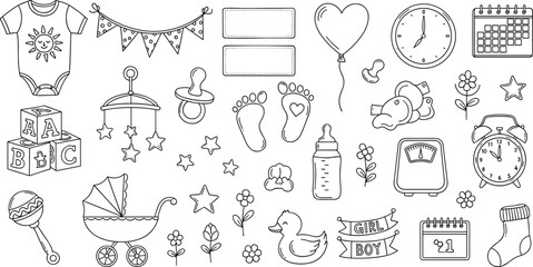 Hand Drawn Baby Doodle Icon Set Featuring Toys Clothes and Nursery Symbols Vector Illustration