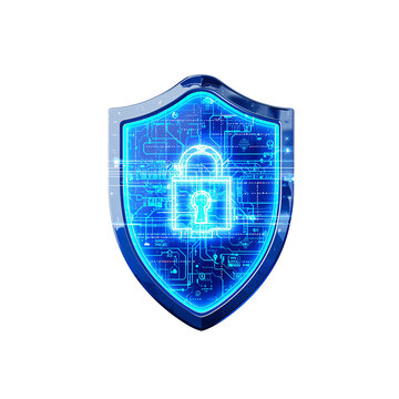 Cyber Security Shield with Digital Circuit Board and Glowing Padlock Isolated on White PNG Transparent Background Cutout for Data Protection and Network Safety Concept
