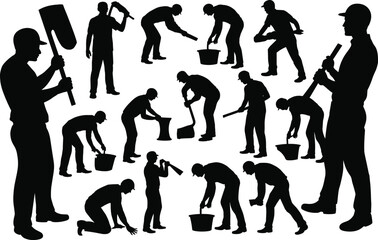 Silhouettes of construction workers performing various manual labor tasks including digging, shoveling, lifting, pouring, hammering, and carrying tools