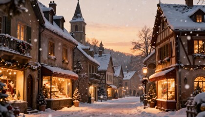 Fototapeta premium Snowy Village Street at Dusk with Warm Lights, Cozy Houses, and Falling Snow in a Winter Wonderland Scene