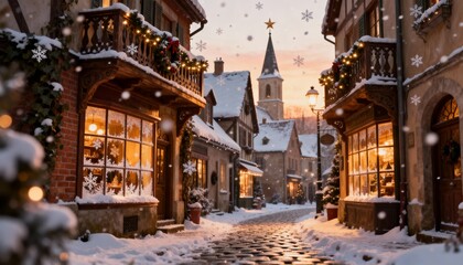 Fototapeta premium Snowy Winter Village Street with Festive Illuminated Storefronts, Warm Window Lights, and Falling Snow at Dusk