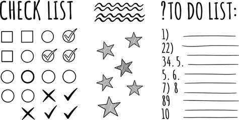 Hand Drawn Checklist and To Do List Vector Doodle Set with Stars and Checkboxes for Bullet Journaling © Anowar