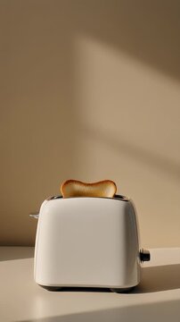 Close-up of white toaster with toast popping up on a beige countertop with warm lighting