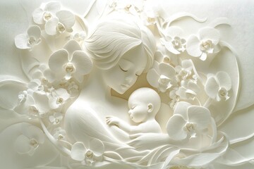 Fototapeta premium Serene white bas-relief sculpture depicts maternal embrace surrounded by delicate blossoms