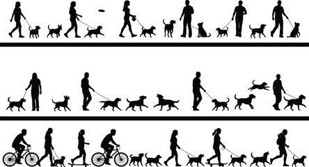 Silhouettes of people walking, running, and biking with dogs in various outdoor activities for pet, recreation, and lifestyle projects