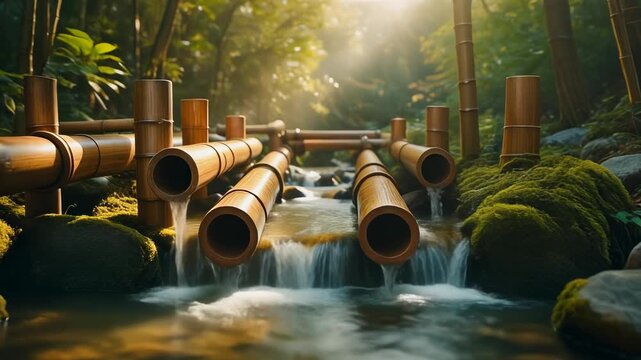 bamboo pipes and wooden tubes carrying flowing water, surrounded by moss and stones, 