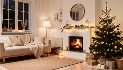Fototapeta premium Cozy Scandinavian Christmas Living Room Interior – Hygge Holiday Decor