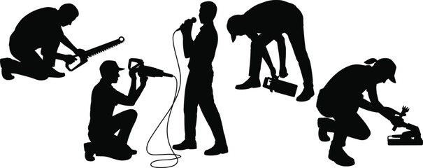 Silhouettes of workers using tools and one singer performing, depicting mixed professions, manual labor, craftsmanship, construction and artistic expression