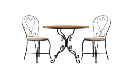 Wrought iron bistro table and two chairs set isolated on transparent background