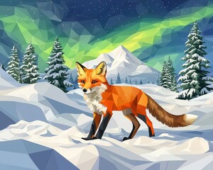 Geometric Fox Walking Through Snowy Landscape Under Aurora Borealis Sky with Mountains and Evergreen Trees