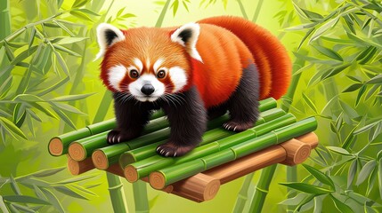 Colorful Red Panda on a Bamboo Platform Surrounded by Lush Greenery in an Artistic Style