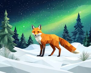 Geometric Fox in Snowy Landscape Under Northern Lights with Pine Trees in a Polygonal Art Style