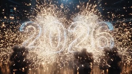 An electrifying visual display showcases the glowing numerical digits '2026' emerging amidst a cascade of brilliant, golden sparks and dynamic smoke. This powerful and futuristic animation evokes a se