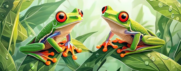 Colorful Red-Eyed Tree Frogs Sitting on Lush Green Leaves in a Tropical Rainforest Environment