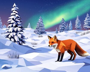 Vibrant geometric fox in winter scene under northern lights with snow-covered trees creating a serene and magical atmosphere