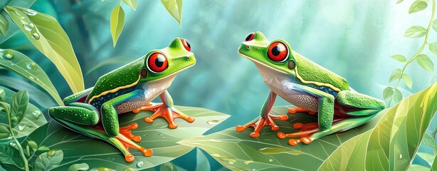 Two Colorful Red-Eyed Tree Frogs Resting on Green Tropical Leaves Surrounded by Soft Light and Natural Environment