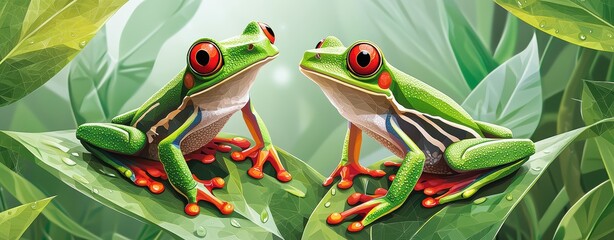 Two Vibrant Red-Eyed Tree Frogs Sitting on Lush Green Leaves in a Tropical Rainforest Setting with Soft Background Blurry Effect