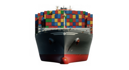 Front view of a large container cargo ship loaded with colorful shipping containers, isolated on white isolated on transparent background