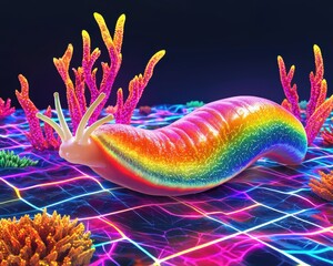 Bright Rainbow Slug Crawling Through Neon Coral Underwater Scene in Surreal Colorful Fantasy Setting