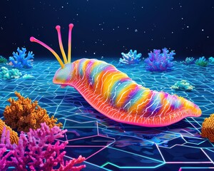 Colorful abstract slug with vibrant coral reef underwater in a neon underwater world with a starry background