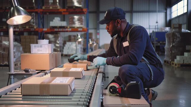 Worker examines packages meticulously, Worker carefully sorts and scans parcels during inspection process, Industrial worker conducts precise inspection and sealing of packages on conveyor system