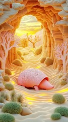 Serene Pink Armadillo in Beautiful Desert Canyon During Golden Hour with Soft Glow and Vibrant Vegetation