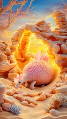 Enigmatic creature emerging from colorful rock formations during sunset in a surreal desert landscape