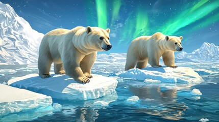 Majestic Polar Bears Standing on Icebergs Under Aurora Borealis in the Arctic Wonderland