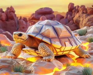 Geometric Turtle Sculpture on Rocky Terrain with Abstract Textures and Vibrant Orange Lava-Like Background at Sunset