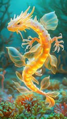 Ethereal golden sea dragon swimming gracefully among colorful coral reefs in a serene underwater landscape