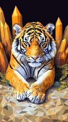 Vibrant geometric tiger artwork with orange accents and sharp crystal formations in a mystical forest setting