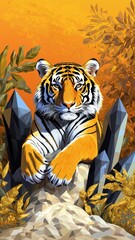 Majestic Tiger with Vibrant Orange Background and Geometric Elements Surrounded by Golden Leaves and Crystals
