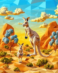 Vibrant Geometric Artwork of Kangaroo in Australian Desert at Sunset with Angular Mountains and Colorful Clouds