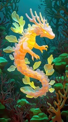 Ethereal Dragon-like Creature Swimming Gracefully Among Colorful Underwater Plants in a Vibrant Ocean Environment