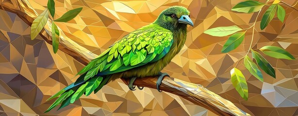 Vibrant Green Bird Perched on Branch Surrounded by Geometric Shapes and Warm Tones in Nature Inspired Artwork